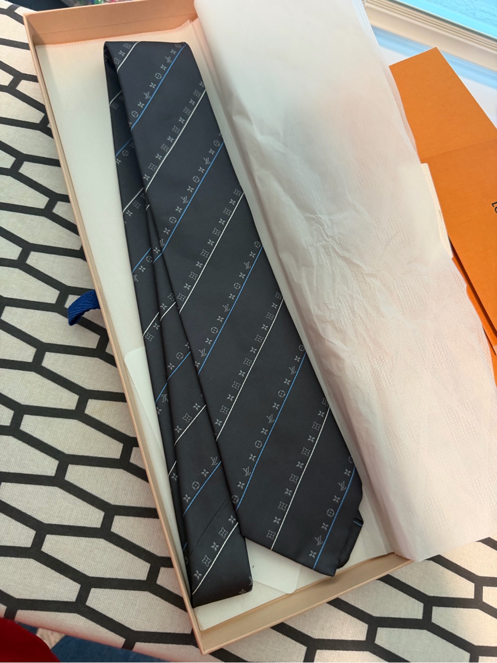 Louis Vuitton Black Tie With Blue Stripe Accent
